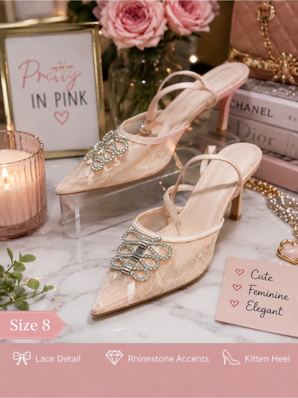 Lace Pointed-Toe Kitten Heel Mules in Blush Pink with Rhinestone Accent